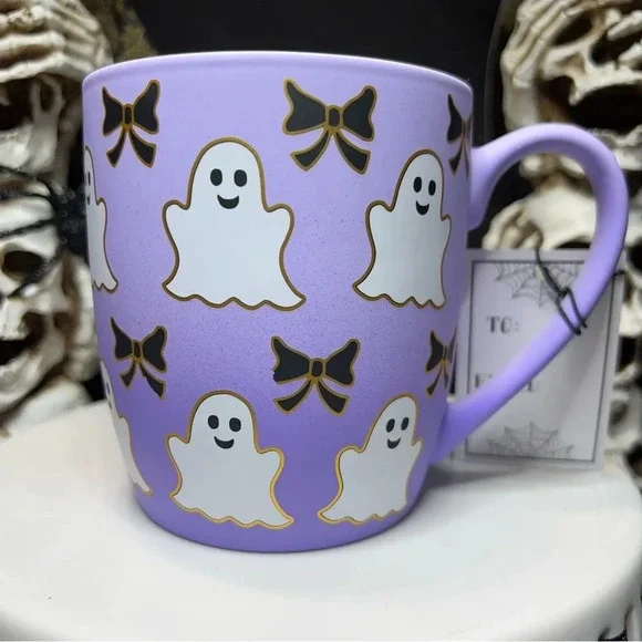 Cobwebs & Cauldrons Halloween Purple Ombre White Ghost Black Bow Coffee Mugs - Picture 9 of 12